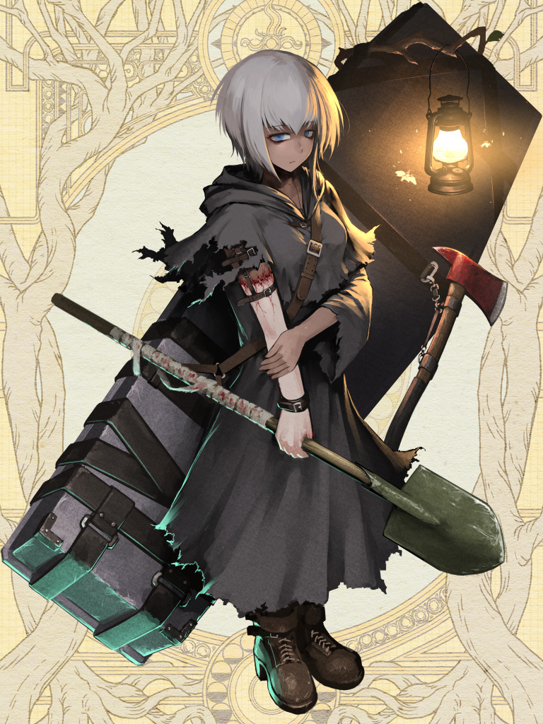1girl, axe, bags_under_eyes, bandages, blood, blue_eyes, boots, brown_background, brown_footwear, bug, closed_mouth, coffin, dairoku_ryouhei, dark_skin, fire_axe, full_body, grey_cloak, hetza_(hellshock), holding_own_arm, lantern, looking_at_viewer, moth, patchwork_skin, short_hair, shovel, solo, stitches, white_hair