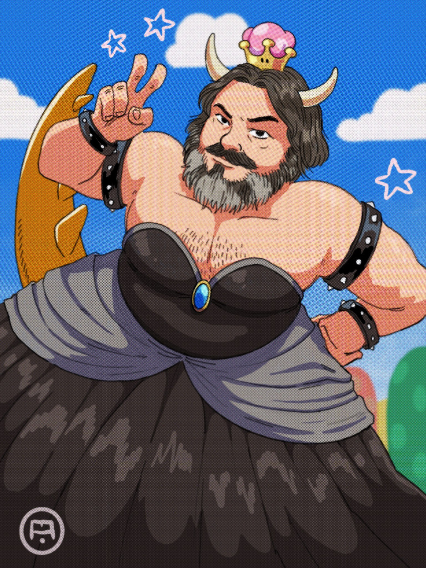 1boy, armlet, beard, black_dress, black_hair, blue_sky, bowsette, bowsette_(cosplay), bracelet, chest_hair, clouds, collarbone, commentary, cosplay, cottonwoodler, crossdressing, crown, day, dress, english_commentary, facial_hair, fingernails, hand_on_hip, hand_up, highres, horns, jack_black, jewelry, looking_at_viewer, male_focus, mustache, new_super_mario_bros._u_deluxe, outdoors, real_life, short_hair, sky, solo, spiked_armlet, spiked_bracelet, spikes, star_(symbol), strapless, strapless_dress, super_crown, super_mario_bros., super_mario_bros._(2022_film), v