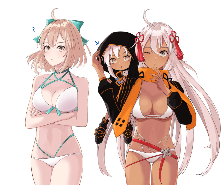 3girls, absurdres, ahoge, aqua_bow, bikini, black_jacket, bow, chibi