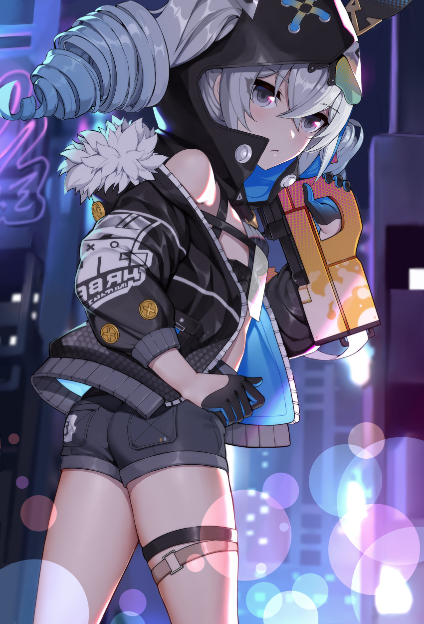 1girl, absurdres, animal_hood, ass, back, bangs, bare_shoulders, black_gloves, black_jacket, black_shorts, bronya_zaychik, bronya_zaychik_(haxxor_bunny), bullpup, bunny_hood, city, city_lights, closed_mouth, drill_hair, fool_xiaotian, fur-trimmed_jacket, fur_trim, gloves, grey_eyes, grey_hair, gun, hair_between_eyes, highres, holding, holding_gun, holding_weapon, honkai_(series), honkai_impact_3rd, hood, jacket, long_hair, long_sleeves, looking_at_viewer, looking_back, p90, shorts, solo, submachine_gun, twin_drills, weapon
