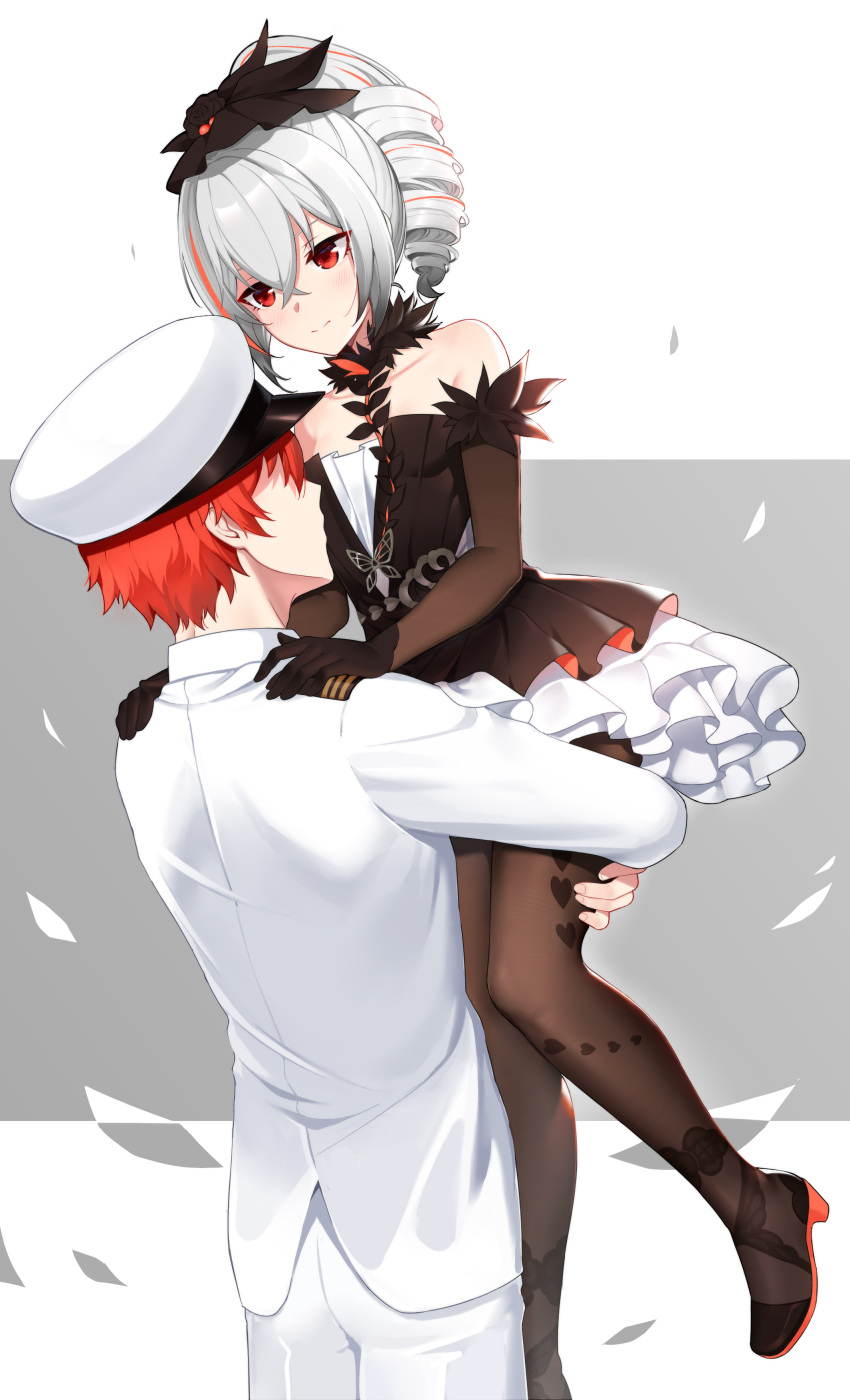 1boy, 1girl, absurdres, black_dress, black_gloves, black_legwear, bronya_zaychik, bronya_zaychik_(black_nucleus), captain_(honkai_impact), carrying_person, closed_mouth, dress, drill, elbow_gloves, fool_xiaotian, gloves, grey_hair, high_heels, highres, honkai_(series), honkai_impact_3rd, jacket, looking_at_another, military, military_jacket, military_uniform, pants, red_eyes, redhead, sleeveless, sleeveless_dress, smile, thigh-highs, uniform, white_headwear, white_jacket, white_pants