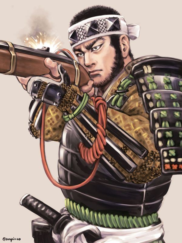 1boy, arisaka, armor, beard, black_hair, bolt_action, buzz_cut, costume_request