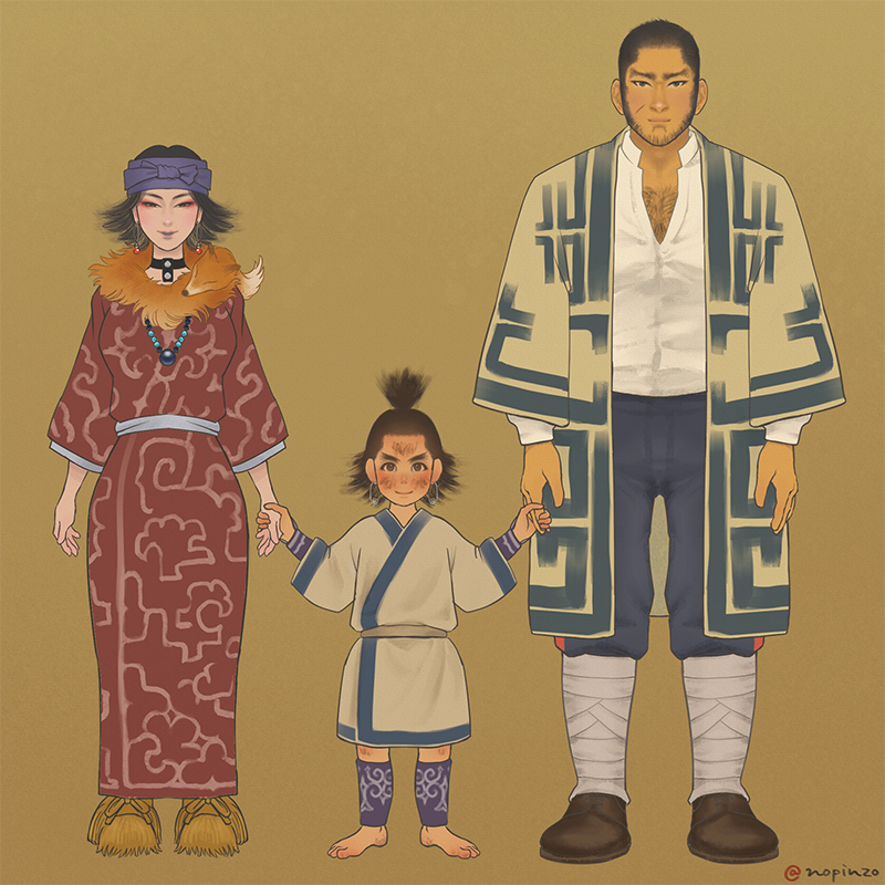 1girl, 2boys, ainu_clothes, bandaged_leg, bandages, barefoot, beard, black_hair, blush, buzz_cut, chest_hair, child, cikapasi, dark-skinned_male, dark_skin, facial_hair, family, full_body, golden_kamuy, hetero, holding_hands, inkarmat, japanese_clothes, kimono, long_sideburns, multiple_boys, nopinzo, open_clothes, open_kimono, partially_unbuttoned, pectoral_cleavage, pectorals, red_kimono, shirt, short_hair, sideburns, smile, tanigaki_genjirou, very_short_hair, white_shirt
