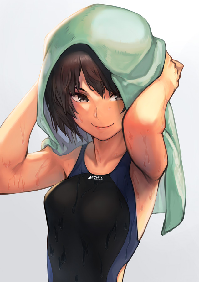 1girl, amagami, aqua_towel, armpits, black_swimsuit, breasts, brown_eyes, brown_hair, closed_mouth, collarbone, grey_background, hinoru_saikusa, looking_at_viewer, nanasaki_ai, school_swimsuit, shiny, shiny_hair, short_hair, small_breasts, smile, solo, swimsuit, towel, towel_on_head, upper_body