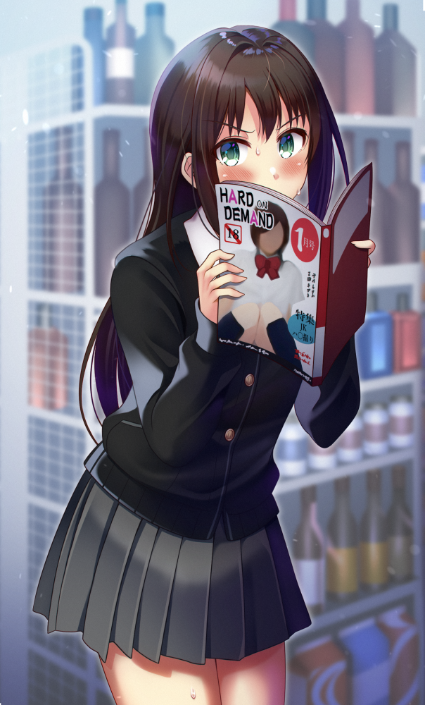 1girl, black_cardigan, black_hair, blurry, blurry_background, blush, cardigan, cowboy_shot, embarrassed, green_eyes, grey_skirt, hair_intakes, holding, idolmaster, idolmaster_cinderella_girls, leaning_forward, long_hair, long_sleeves, miniskirt, pleated_skirt, school_uniform, shibuya_rin, shiny, shiny_hair, skirt, solo, standing, straight_hair, sweatdrop, very_long_hair, z.nov