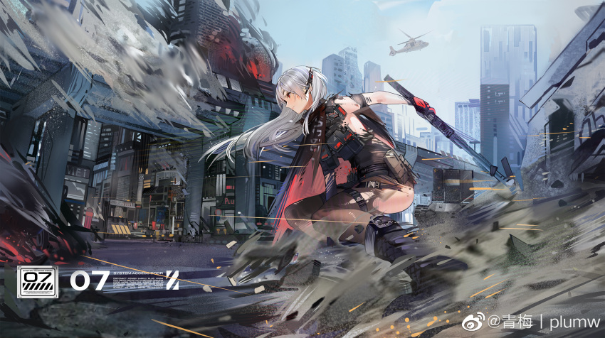 1girl, action, boots, breasts, cape, chinese_commentary, city, commentary_request