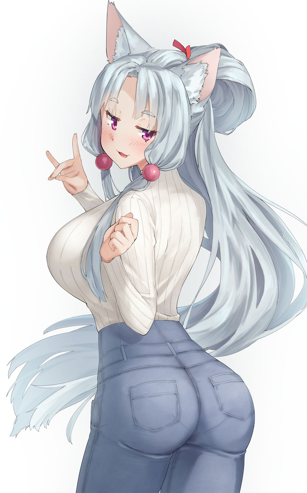1girl, :3, animal_ears, ass, blush, breasts, cowboy_shot, denim