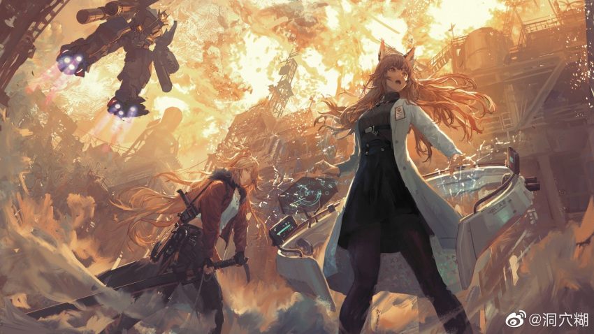 2girls, action, animal_ears, black_skirt, blonde_hair, cat_ears, cavehuuu, chinese_commentary