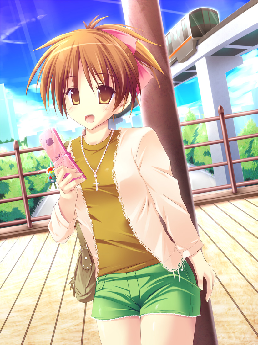 :d, cellphone, cross, hirasawa_ui, jewelry, k-on!, necklace, open_mouth, phone, ponytail, ruschuto, shorts, smile, solo, sunbeam, sunlight