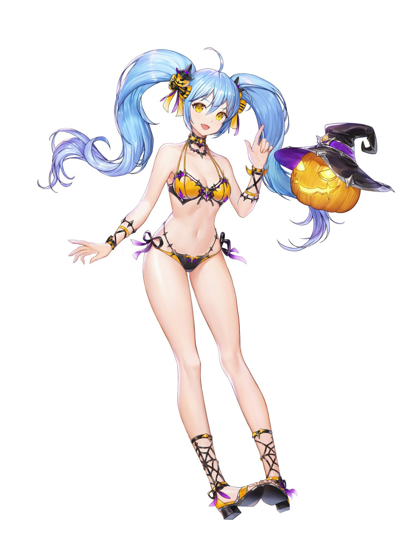 1girl, :d, ahoge, bare_shoulders, bikini, black_bikini, blue_hair, bow