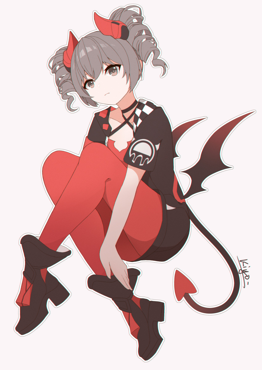 1girl, absurdres, black_jacket, bronya_zaychik, bronya_zaychik_(yamabuki_armor), closed_mouth, demon_horns, demon_tail, demon_wings, drill_hair, full_body, grey_eyes, grey_hair, halloween, halloween_costume, highres, honkai_(series), honkai_impact_3rd, horns, jacket, looking_at_another, pantyhose, qingxiao_kiyokiyo, red_footwear, red_legwear, simple_background, solo, tail, twin_drills, white_background, wings