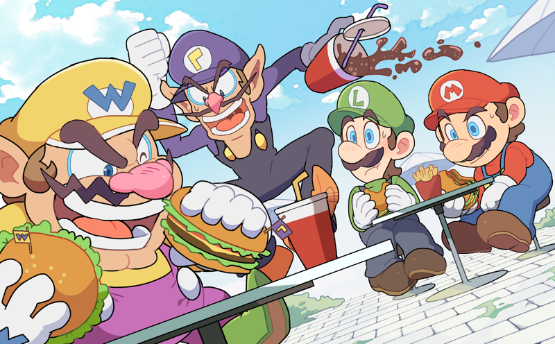 4boys, :t, angry, arm_up, big_nose, black_overalls, blue_eyes, blue_overalls