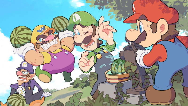 4boys, ^_^, arm_support, arm_up, arms_up, big_nose, black_overalls, blue_eyes, blue_overalls, blue_sky, brothers, brown_footwear, brown_hair, bucket, buttons, cabbie_hat, closed_eyes, clothes_writing, clouds, dappled_sunlight, day, dutch_angle, facial_hair, fat, fat_man, food, forked_eyebrows, from_behind, fruit, full_body, gloves, grass, green_footwear, green_headwear, green_shirt, grin, hand_pump, hand_up, happy, hat, holding, holding_food, holding_fruit, ivy, jumping, knee_up, leaning_back, long_sleeves, luigi, male_focus, mario, multiple_boys, muscular, muscular_male, mustache, omochi_(glassheart_0u0), one_eye_closed, open_mouth, orange_footwear, outdoors, pointy_ears, pointy_footwear, purple_headwear, purple_overalls, purple_shirt, red_headwear, red_shirt, shirt, shoes, short_hair, short_sleeves, siblings, sitting, sky, smile, squirting_liquid, standing, sunlight, super_mario_bros., sweat, teeth, tree, v-shaped_eyebrows, waluigi, wario, water, water_pump, watermelon, white_gloves, wince, x_x, yellow_headwear, yellow_shirt
