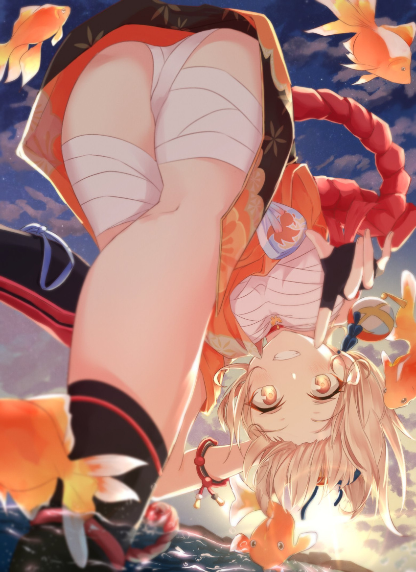 1girl, animal, ass, bandaged_chest, bandaged_leg, bandages, bent_over, black_gloves