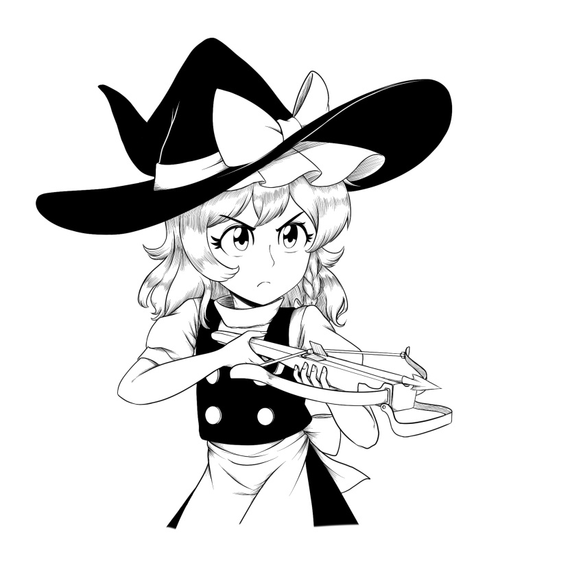 1girl, apron, bangs, bow, braid, closed_mouth, cropped_legs, crossbow, english_text, frilled_hat, frills, giantcavemushroom, greyscale, hat, hat_bow, highres, holding, holding_weapon, kirisame_marisa, medium_hair, monochrome, puffy_short_sleeves, puffy_sleeves, shirt, short_sleeves, side_braid, simple_background, single_braid, solo, touhou, v-shaped_eyebrows, vest, waist_apron, weapon, witch_hat