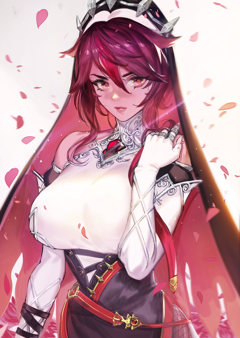 belt, blurry, breasts, claws, commentary, depth_of_field, detached_sleeves, elbow_gloves, fishnet_legwear, fishnets, flower, genshin_impact, gloves, habit, highres, ja_mong, jewelry, large_breasts, multicolored_hair, nun, petals, red_eyes, red_flower, red_rose, redhead, ring, rosaria_(genshin_impact), rose, side_slit, streaked_hair, two-tone_hair, white_background, white_gloves