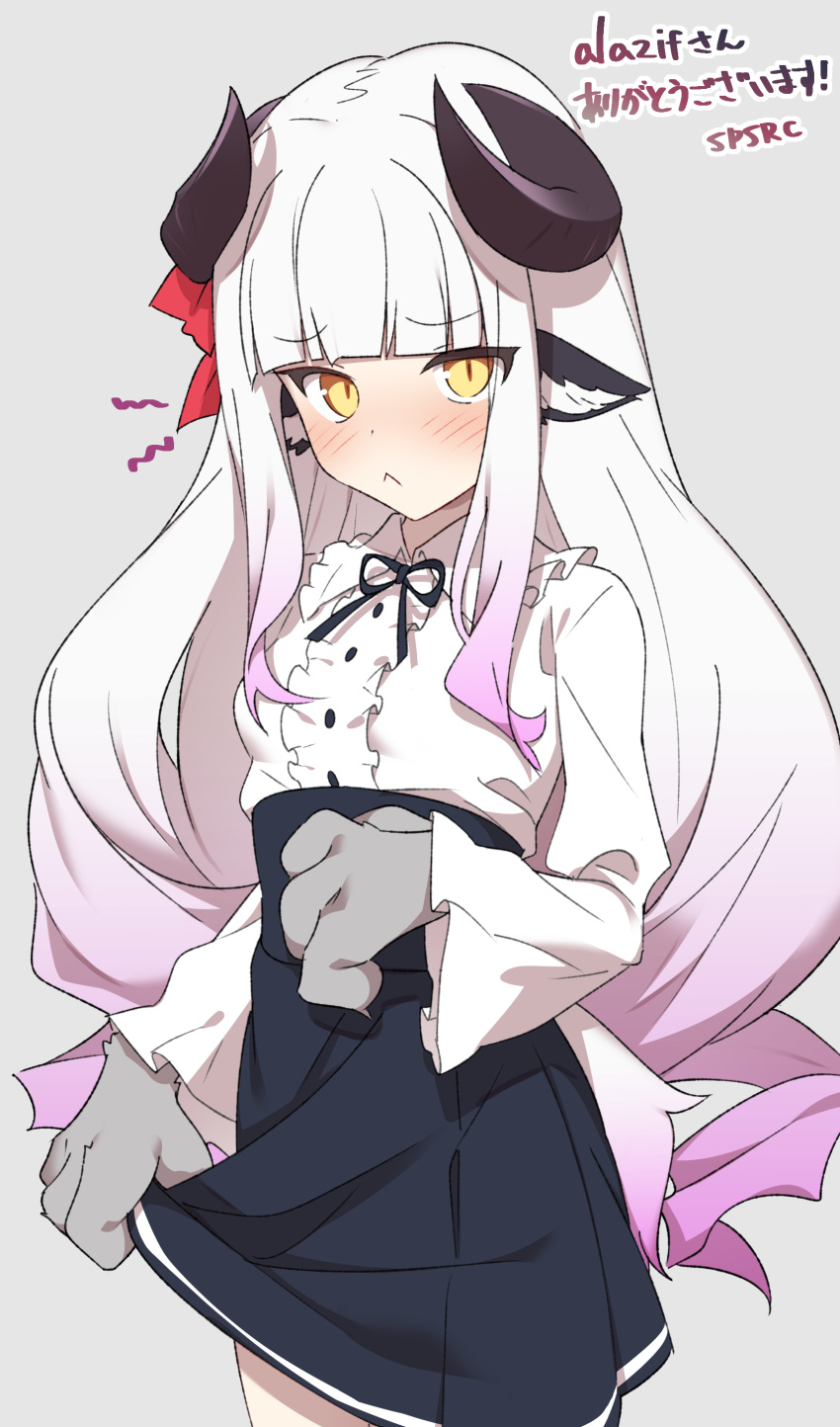 1girl, :<, absurdres, animal_ears, animal_hands, baphomet_(monster_girl_encyclopedia), black_neckwear, black_ribbon