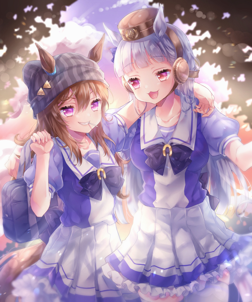 2girls, :3, absurdres, aki_(akinyaaaaa), animal_ears, bag, beanie, bow