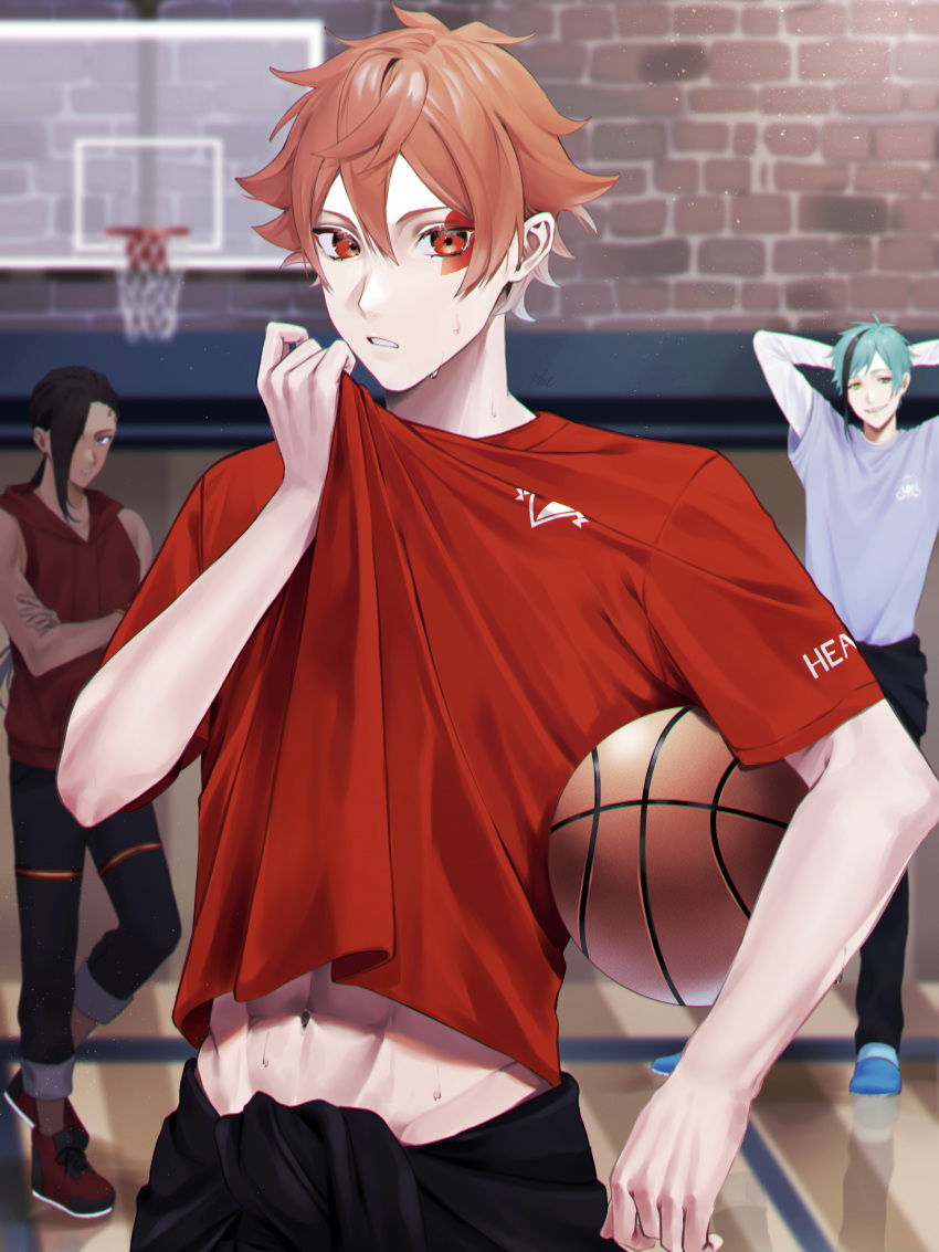 3boys, abs, absurdres, ace_trappola, ball, bangs, basketball, black_jacket