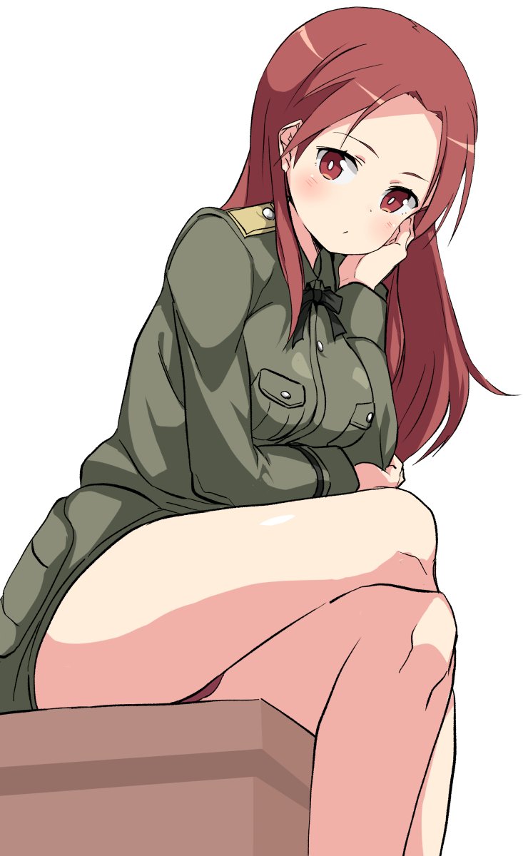 1girl, breast_pocket, buta-don, buttons, crossed_legs, hand_on_own_cheek, hand_on_own_face, highres