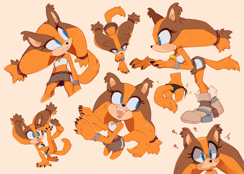 1girl, :3, :p, ^^^, animal_ears, animal_hands, animal_nose, artist_name, ass, back, badger_ears, badger_tail, bandeau, barefoot, bikini, bikini_bottom, black_bikini, blue_eyes, blush, boots, bracelet, brown_hair, brown_skirt, claws, closed_mouth, english_commentary, fangs, fingernails, flat_chest, from_above, from_below, from_side, fur-trimmed_boots, fur_trim, furry, happy, ike_wolf, jewelry, leaning_forward, long_fingernails, long_hair, looking_at_viewer, midriff, miniskirt, multicolored_hair, multiple_views, necklace, open_mouth, orange_fur, orange_hair, sharp_fingernails, sharp_teeth, side-tie_bikini, side-tie_bottom, simple_background, skinny, skirt, smile, soles, sonic_(series), sonic_boom_(game), sparkle, standing, sticks_the_badger, swimsuit, tail, teeth, tied_hair, toenails, toes, tongue, tongue_out, twintails, two-tone_hair, upskirt, white_bandeau