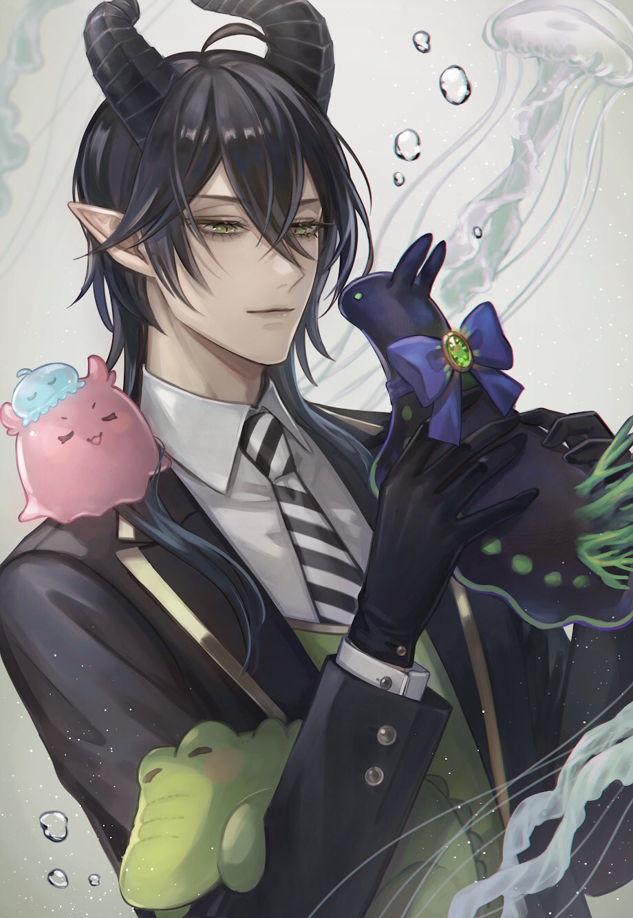 1boy, air_bubble, bangs, black_gloves, black_hair, black_jacket, bubble, closed_mouth