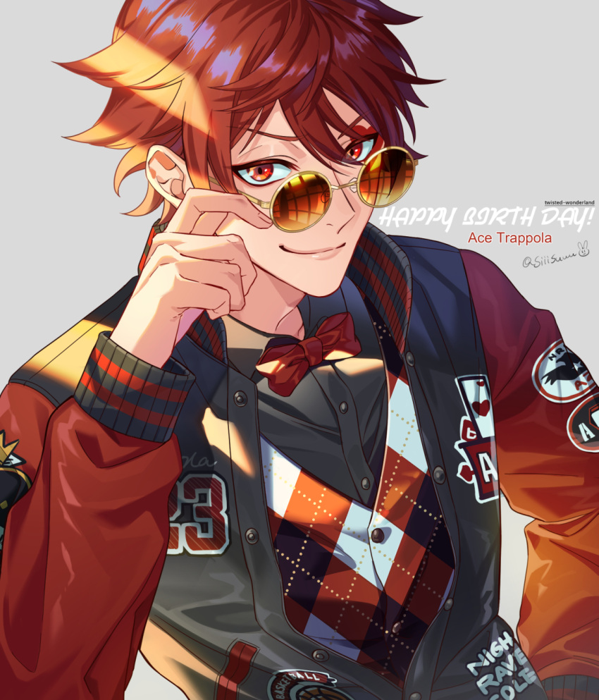 1boy, ace_trappola, bangs, black_jacket, black_shirt, bow, bowtie, closed_mouth