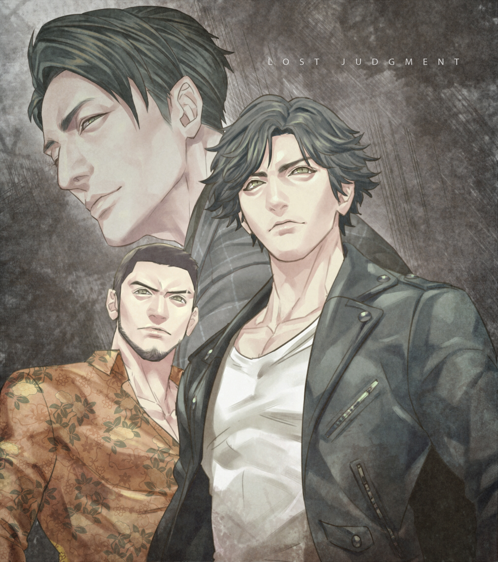3boys, beard, black_hair, black_jacket, copyright_name, facial_hair, jacket, judge_eyes