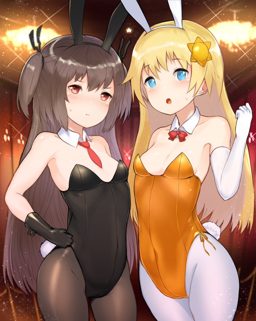 2girls, :o, animal_ears, black_gloves, black_leotard, blue_eyes, bow, bowtie