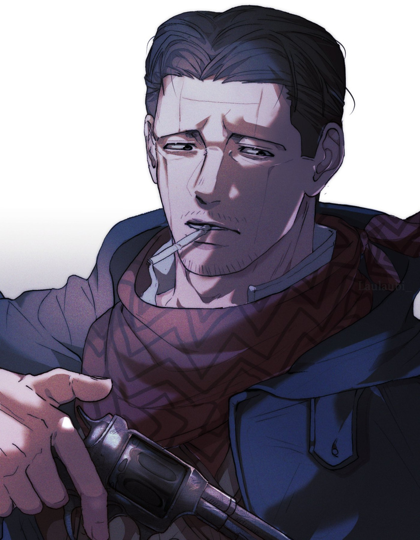 1boy, black_eyes, coat, facial_hair, golden_kamuy, gun, highres, holding