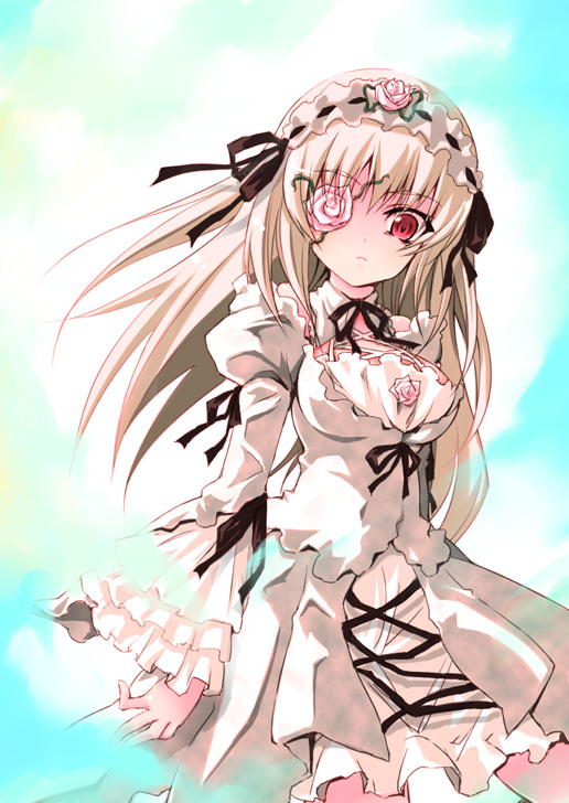 cosplay, dress, eyepatch, frills, fusion, hairband, kirakishou, long_hair
