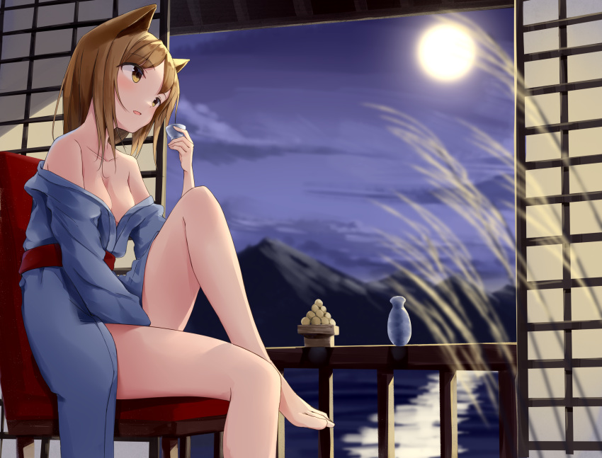 1girl, absurdres, akinakesu-chan, animal_ears, bangs, bare_shoulders, barefoot, blue_kimono, blurry, blurry_background, breasts, brown_eyes, brown_hair, choko_(cup), collarbone, commentary_request, cup, dango, depth_of_field, eyebrows_visible_through_hair, food, full_moon, highres, holding, holding_cup, indoors, japanese_clothes, kimono, knee_up, long_hair, long_sleeves, looking_away, medium_breasts, moon, mountain, obi, off_shoulder, original, parted_lips, sash, sitting, solo, tokkuri, wagashi, water