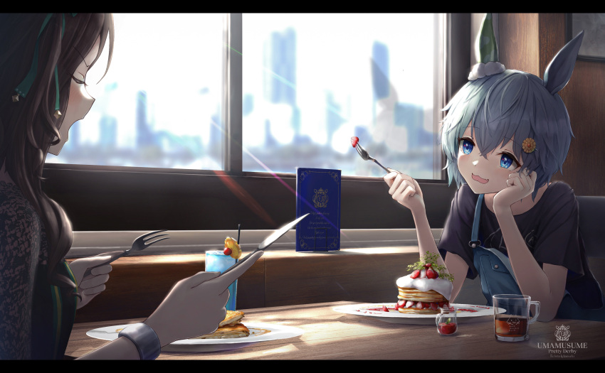 2girls, absurdres, amanundius, animal_ears, artist_name, bangs, black_shirt, blue_eyes, blush, bracelet, brown_hair, cafe, closed_eyes, copyright_name, cup, ear_covers, elbows_on_table, food, fork, fruit, hair_ornament, hand_up, head_rest, highres, holding, holding_fork, holding_knife, horse_ears, horse_girl, jewelry, king_halo_(umamusume), knife, letterboxed, long_hair, menu, multiple_girls, open_mouth, overalls, plate, restaurant, seiun_sky_(umamusume), shirt, short_hair, short_sleeves, silver_hair, single_ear_cover, strawberry, strawberry_shortcake, table, umamusume, upper_body, window