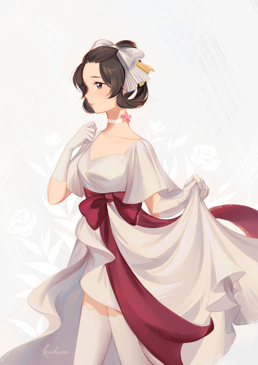 1girl, artist_name, black_hair, bow, brown_eyes, capelet, choker, clothes_lift
