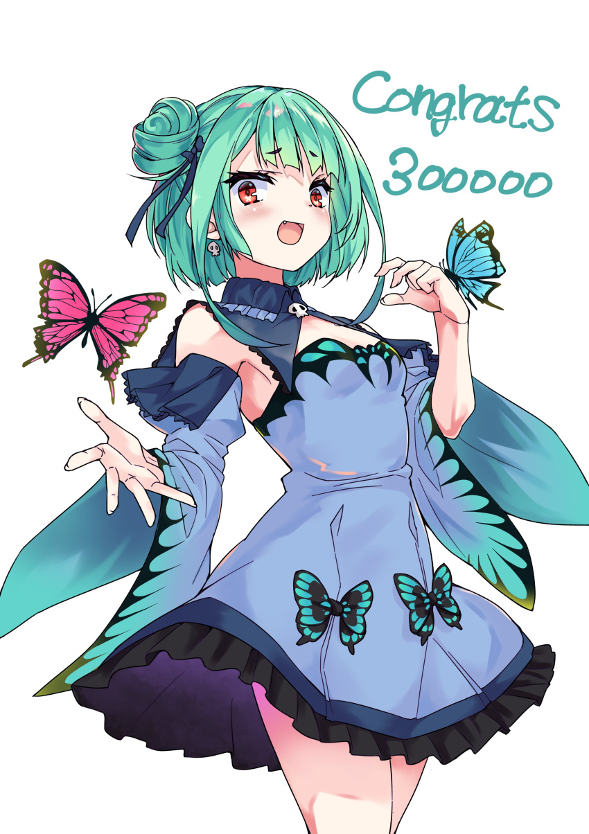 1girl, absurdres, blue_dress, breasts, bug, butterfly, congratulations, detached_collar
