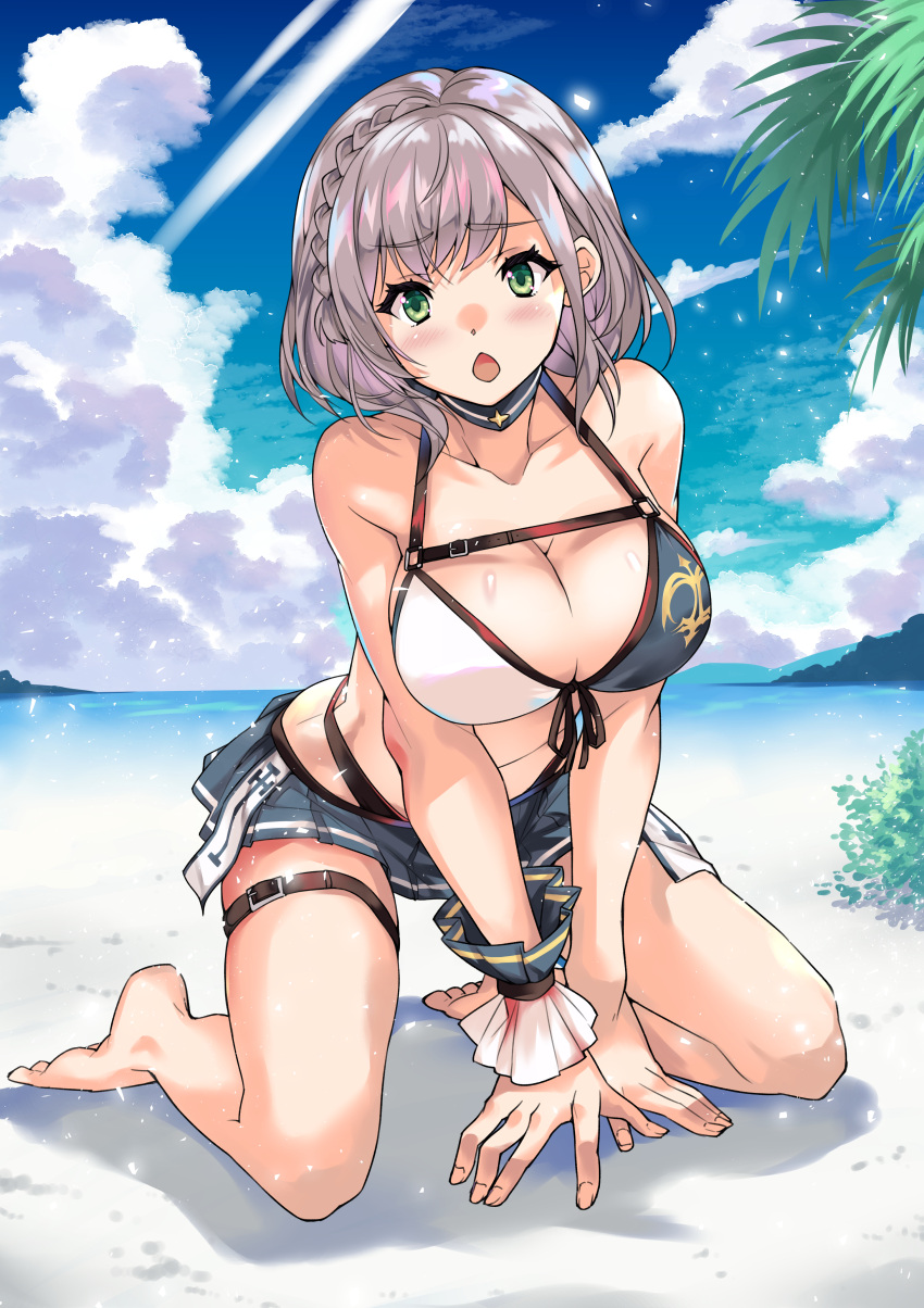 1girl, absurdres, beach, bikini, bikini_top, blue_sky, braid, breasts