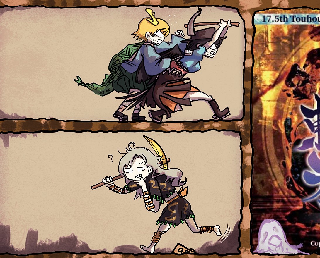 3girls, ?, andanon, arm_ribbon, arms_up, black_hair, blonde_hair, blue_shirt