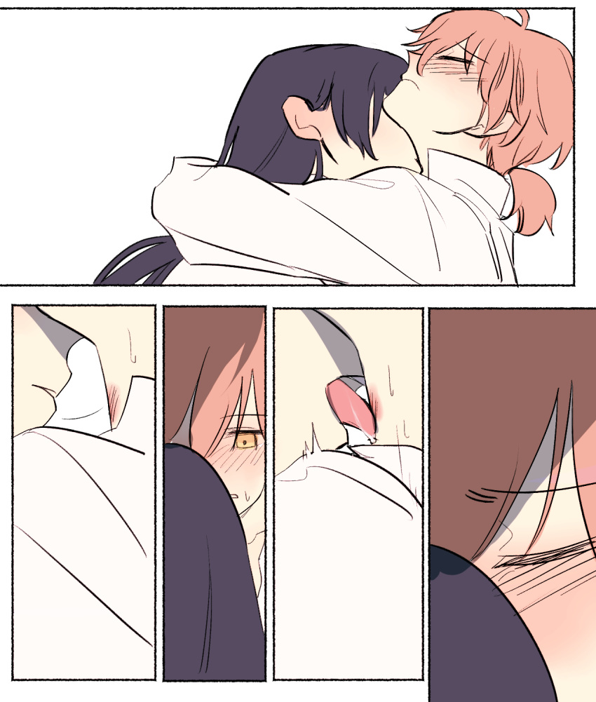 2girls, ahoge, black_hair, blush, cheongju_cheese, closed_eyes, ear_blush, hickey, highres, koito_yuu, licking, licking_neck, long_hair, multiple_girls, nanami_touko, orange_hair, short_hair, tongue, tongue_out, yagate_kimi_ni_naru, yuri