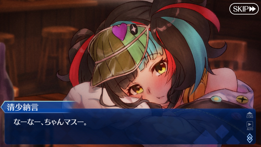 1girl, badge, beer_mug, blush, bottle, cup, fake_screenshot, fate/grand_order