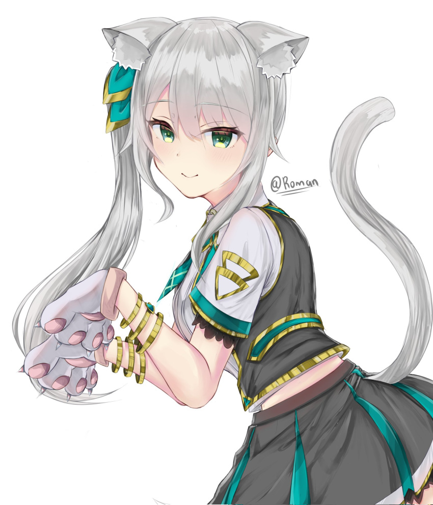 1girl, animal_ear_fluff, animal_ears, animal_hands, bangs, black_skirt, black_vest, bracelet