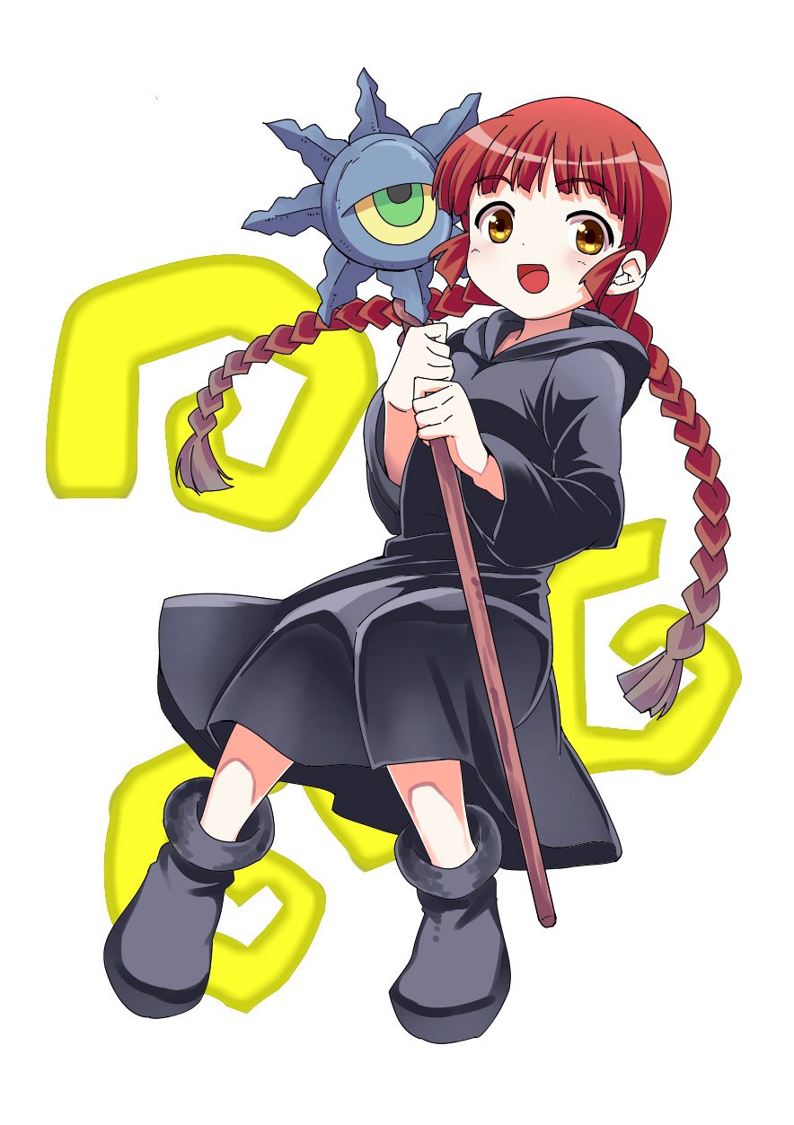 1girl, black_robe, braid, full_body, highres, holding, holding_staff, hooded_robe