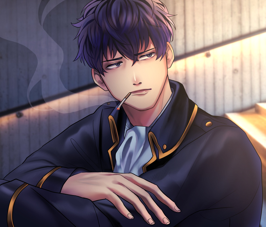 1boy, absurdres, black_hair, blurry, blurry_background, cigarette, gintama, hair_between_eyes