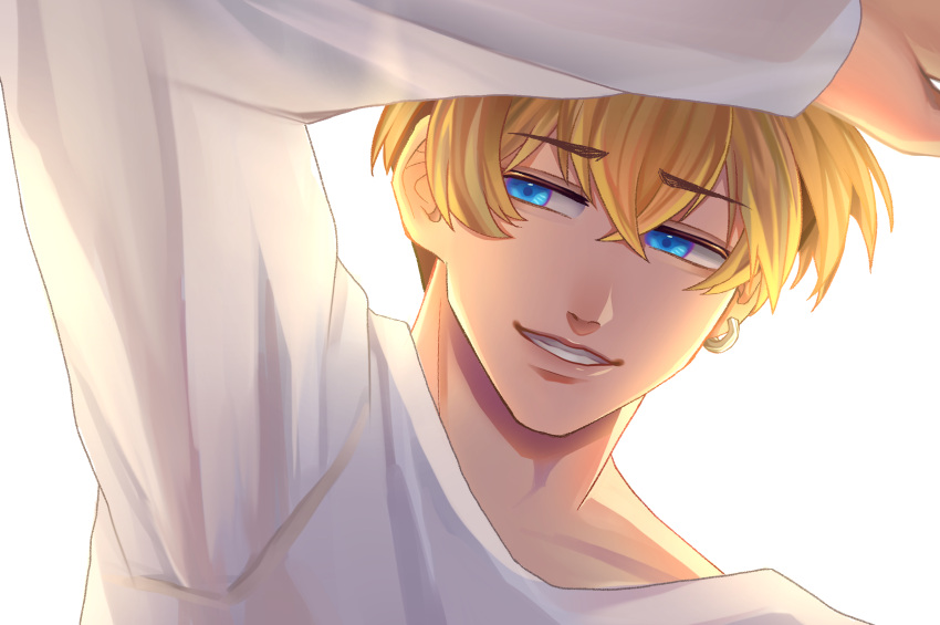 1boy, arm_up, blonde_hair, blue_eyes, earrings, english_commentary, eyebrows_visible_through_hair, hair_between_eyes