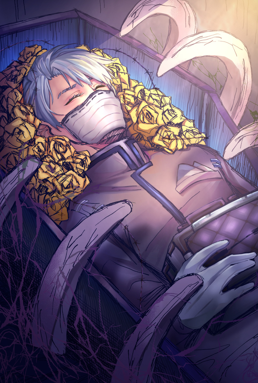 1boy, absurdres, aesop_carl, barbed_wire, bone, closed_eyes, coffin, flower