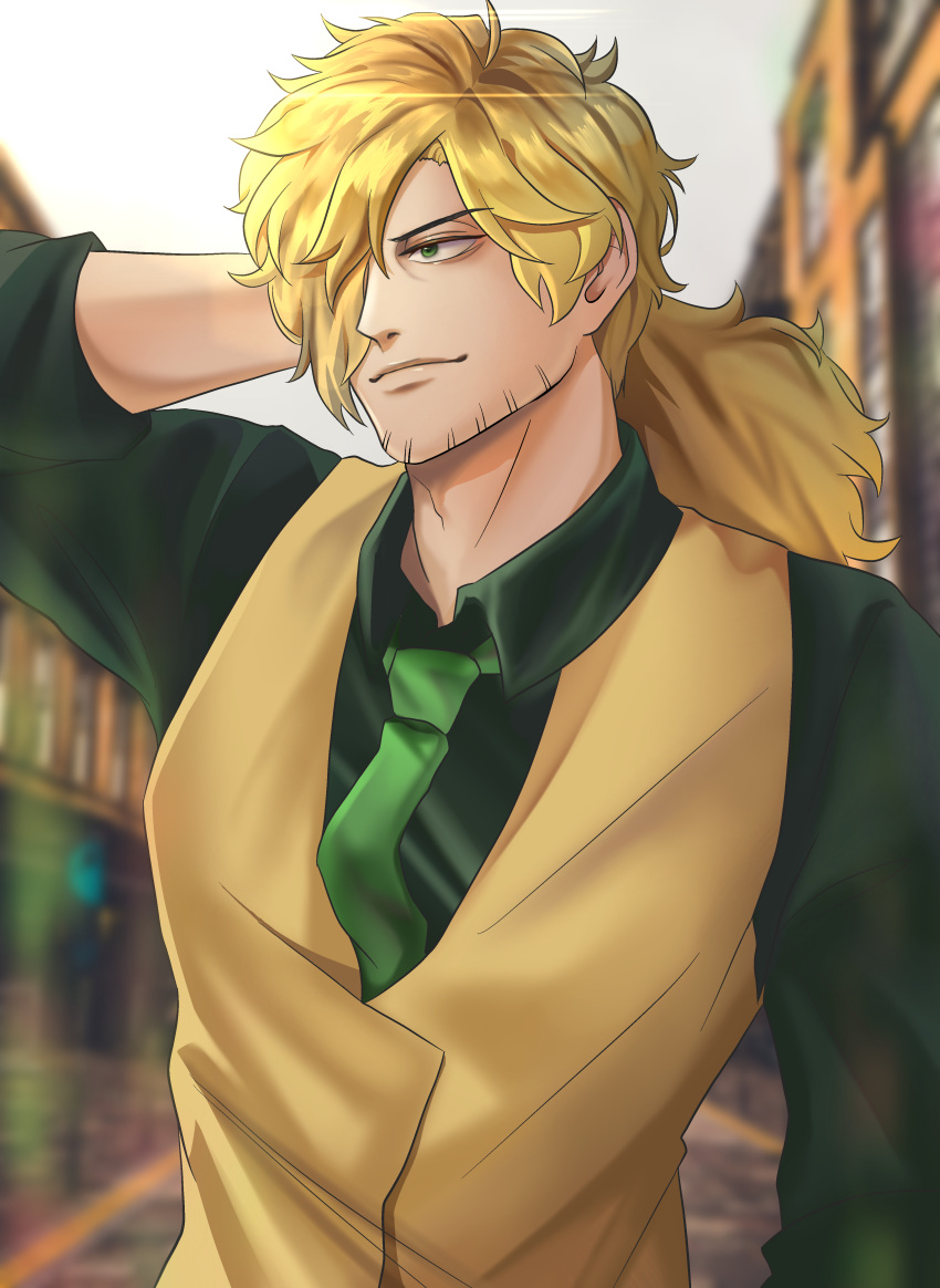 1boy, absurdres, arm_behind_head, blonde_hair, blurry, blurry_background, day, facial_hair