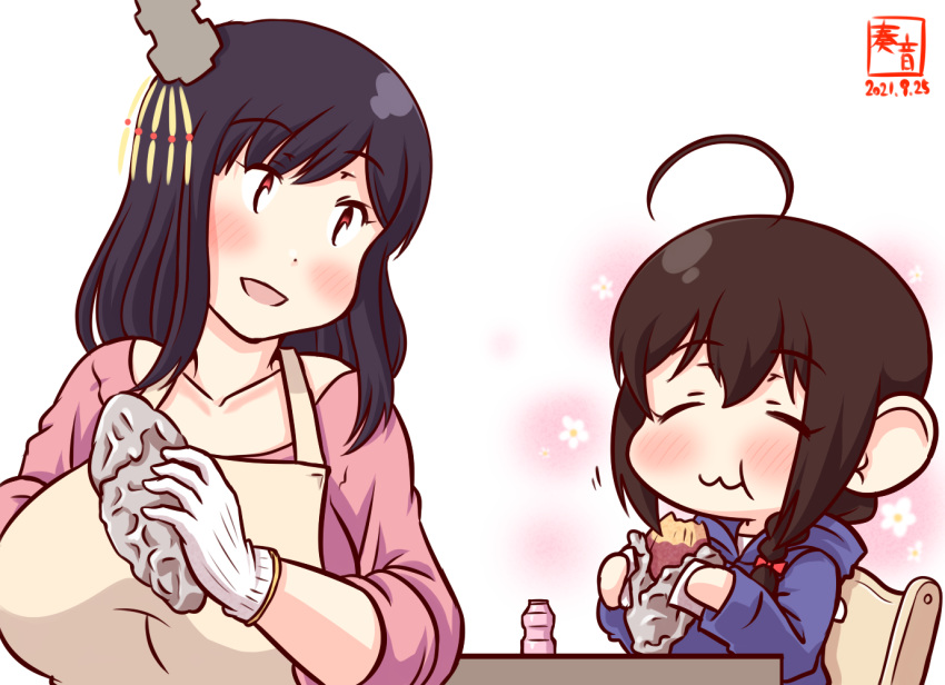2girls, :3, ahoge, alternate_costume, artist_logo, beige_apron, black_hair, blue_hoodie