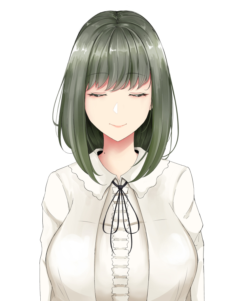 1girl, absurdres, bangs, black_neckwear, blouse, bob_cut, breasts, closed_eyes, closed_mouth, eyebrows_visible_through_hair, eyelashes, facing_viewer, flowers_(innocent_grey), green_hair, hair_strand, highres, huge_breasts, lips, medium_hair, mole, mole_on_neck, neck_ribbon, noocmi, ribbon, simple_background, smile, solo, takasaki_chidori, upper_body, white_background, white_blouse