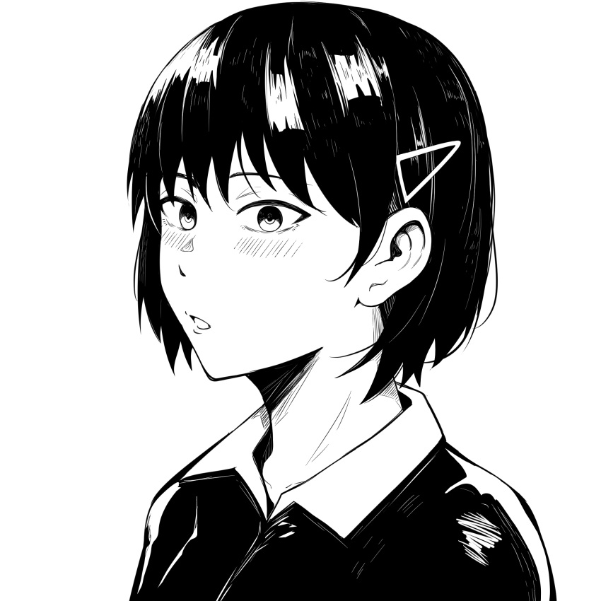 1girl, anetani_anne, black_hair, blush, bob_cut, close-up, greyscale, hair_ornament, hair_strand, hairclip, highres, jacket, looking_at_viewer, monochrome, murenase!_shiiton_gakuen, noocmi, parted_lips, portrait, short_hair, simple_background, solo, white_background