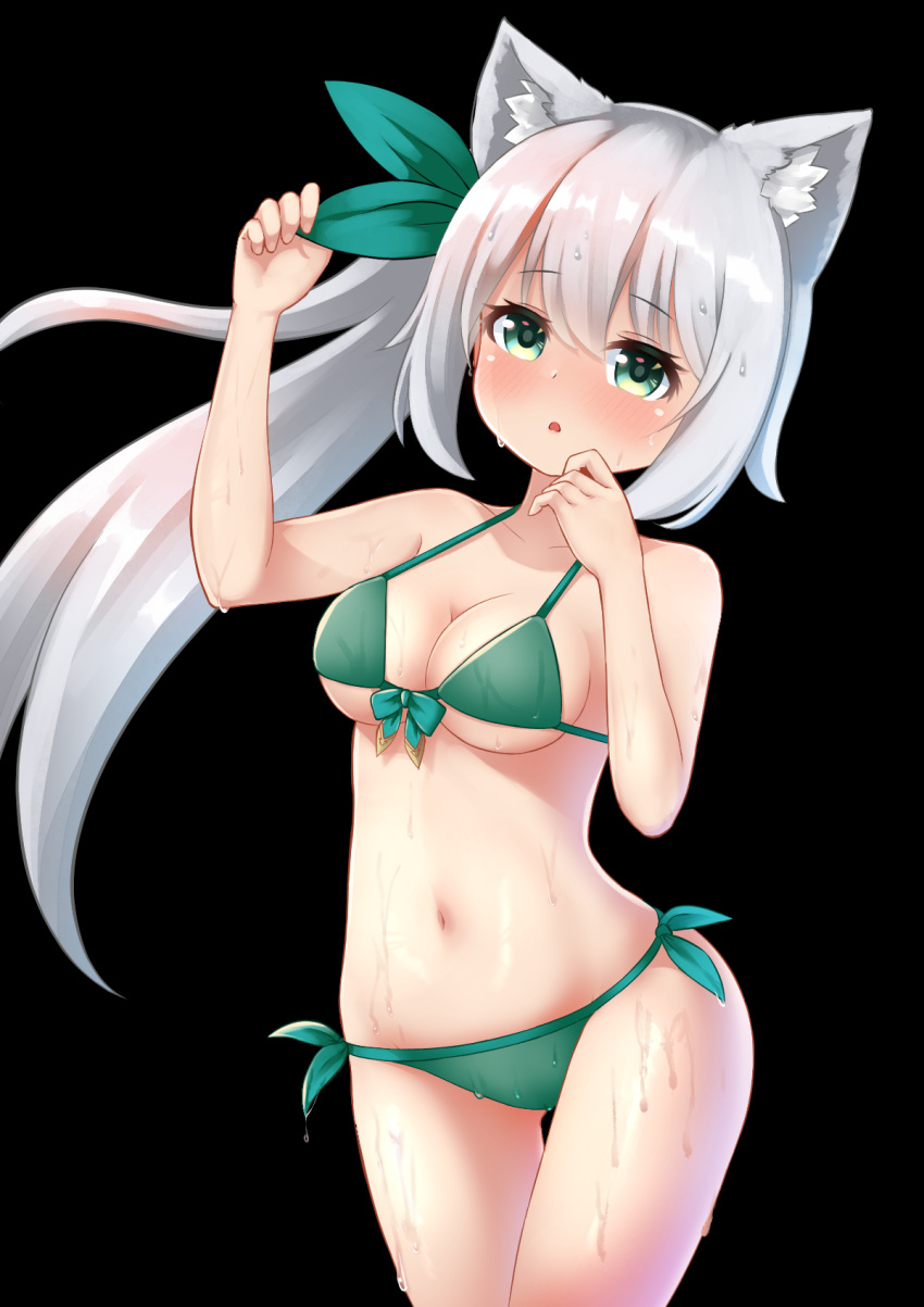 1girl, animal_ear_fluff, animal_ears, bangs, bikini, black_background, blush, bow