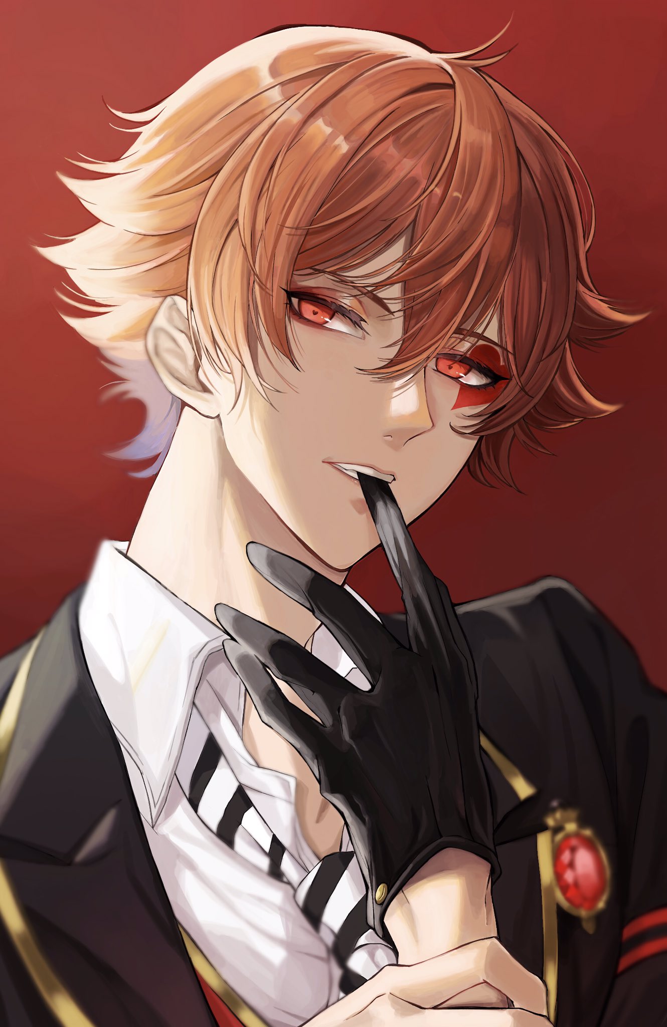 1boy, 39tokki, ace_trappola, bangs, biting, black_gloves, black_jacket, eyeshadow, facial_mark, gem, glove_biting, gloves, hand_up, highres, jacket, looking_at_viewer, makeup, male_focus, necktie, night_raven_college_uniform, orange_hair, red_background, red_eyes, ruby_(gemstone), school_uniform, shirt, short_hair, single_glove, solo, teeth, twisted_wonderland, upper_body, white_shirt